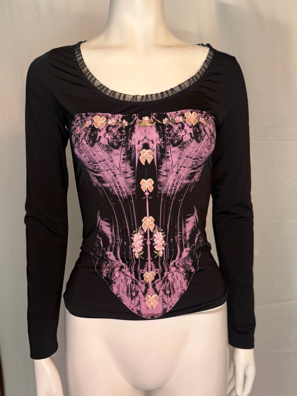 Blumarine Black Long-Sleeve Top with Pink Floral Corset Print
